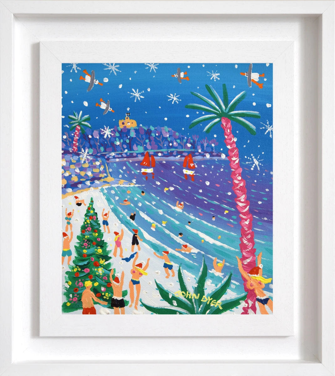 'Gylly Beach Christmas Swimmers’, 12x10 inches acrylic on canvas. Painting of Cornwall by Cornish Artist John Dyer John Dyer