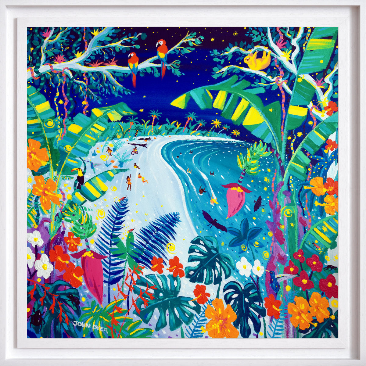 Colorful tropical scene. 'Banana Harvest and Fireflies, Costa Rica', 35.5 x 35.5 inches acrylic on canvas. John Dyer Painting of the Caribbean Rainforest