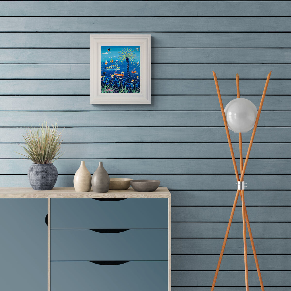 'Bathing Blue Belles, Falmouth', 10x12 inches acrylic on canvas. Coastal Bluebell Painting of Cornwall. Cornish Artist John Dyer.