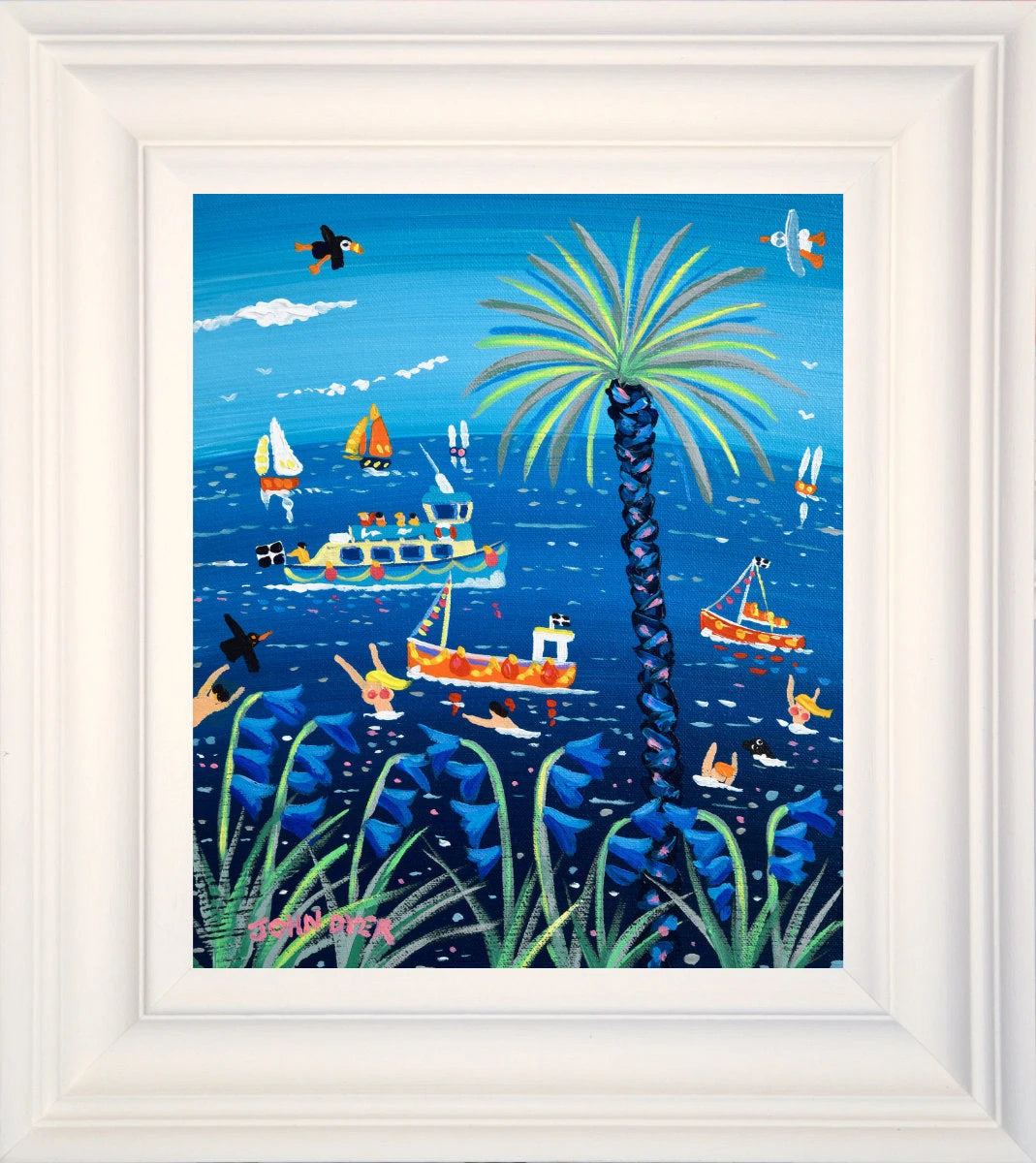 'Bathing Blue Belles, Falmouth', 12x10 inches acrylic on canvas. Coastal Bluebell Painting of Cornwall. Cornish Artist John Dyer. John Dyer