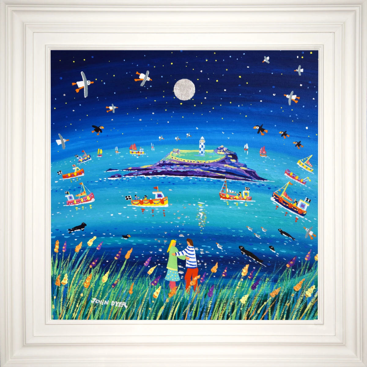 'Under the Light of the Silvery Moon, Godrevy', 24x24 inches acrylic on canvas. Cornwall Painting by Cornish Artist John Dyer