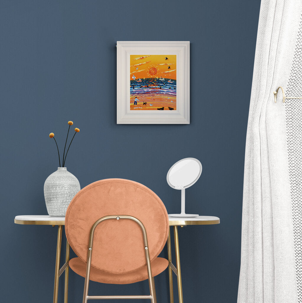 'St Ives Sunset Walkies', 10x12 inches acrylic on canvas. Coastal Painting of Cornwall. Cornish Artist John Dyer. Cornwall Art Gallery