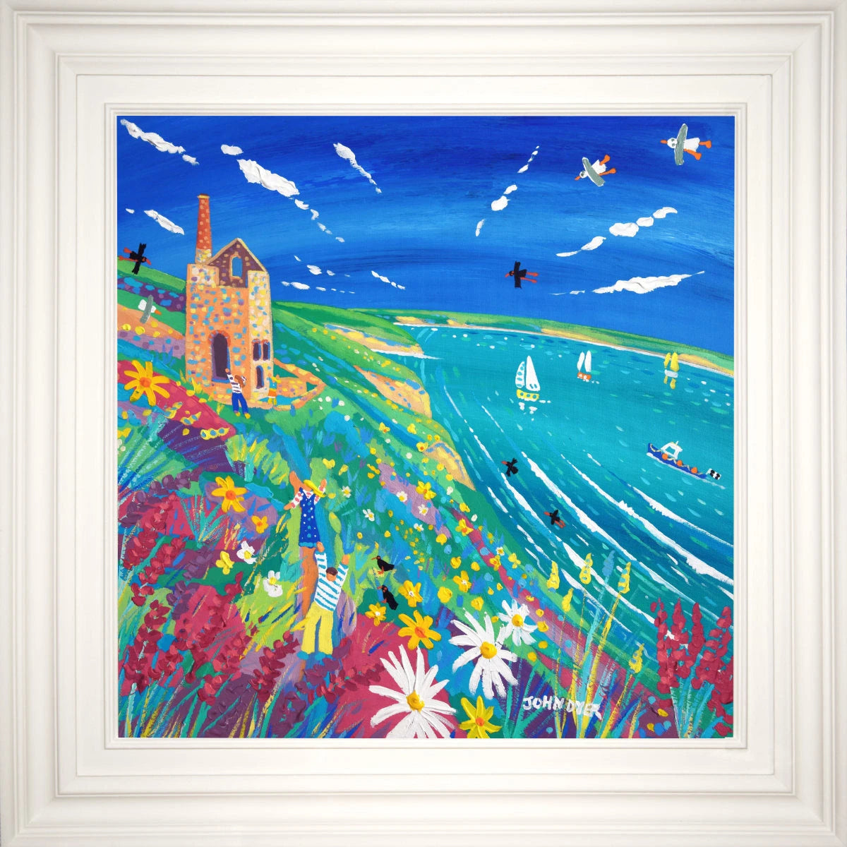 'Colourful Clifftop at Wheal Coates, St Agnes', 24x24 inches acrylic on canvas. Cornwall Painting by Cornish Artist John Dyer. Cornish Tin Mine Art from our Cornwall Art Gallery John Dyer