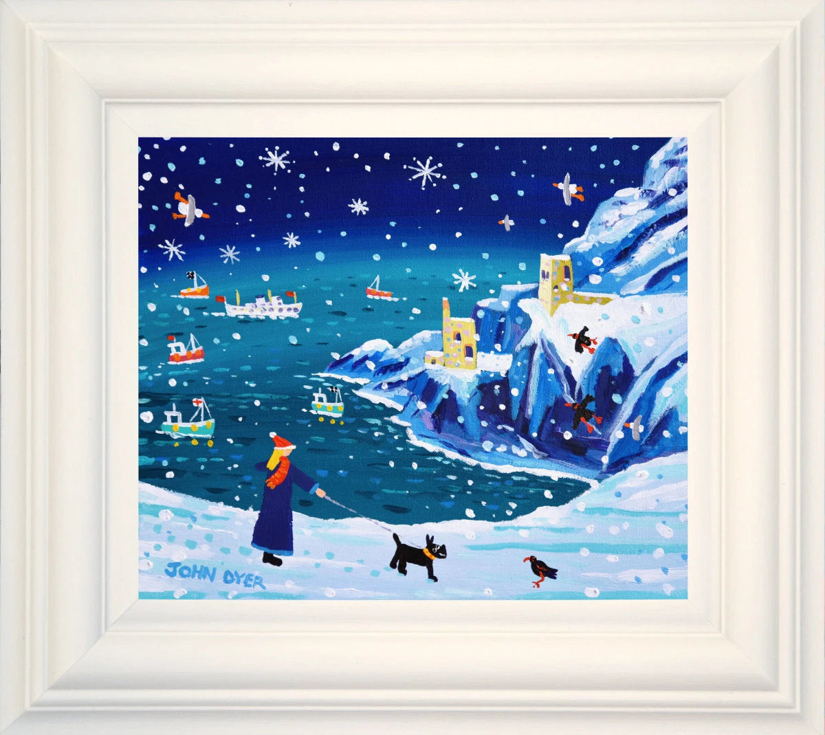 'Snowy Encounter at Botallack', 10x12 inches acrylic on canvas. Coastal Painting of Cornwall. Cornish Artist John Dyer. Cornwall Art Gallery John Dyer