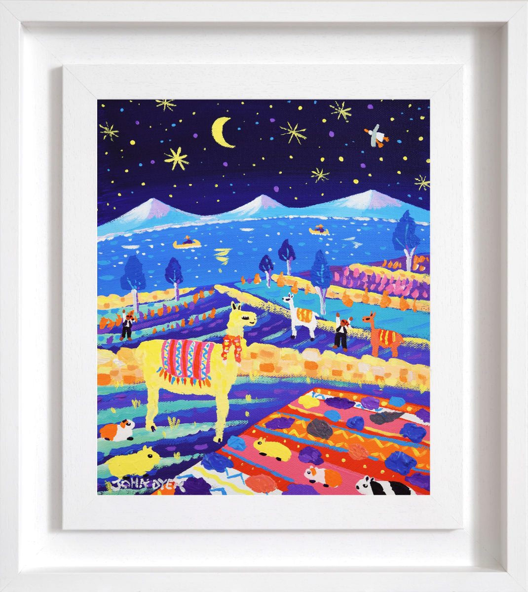 Colorful artwork of llamas in a starry night landscape with mountains and people. 'Moonlit Llamas and Guinea Pigs at the Potato Harvest, Peru’, 12x10 inches acrylic on canvas. Painting of Peru by British Artist John Dyer