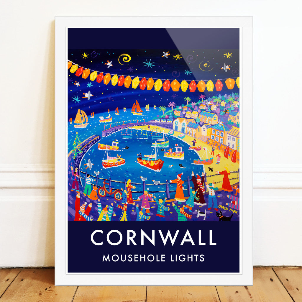 Vintage Style Coastal Seaside Travel Poster Art Prints by Cornish Artist John Dyer. Mousehole Harbour Lights, Cornwall