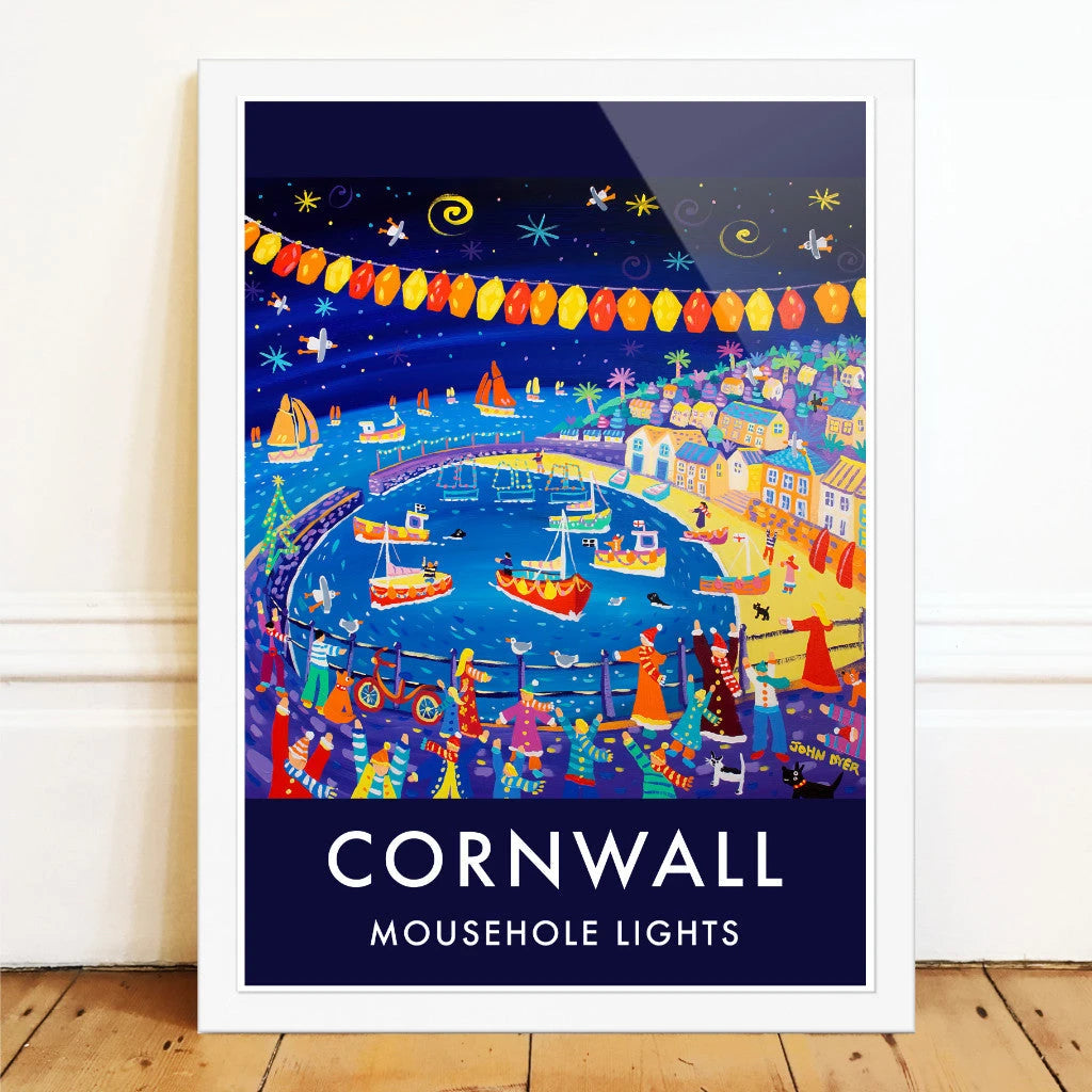 Vintage Style Coastal Seaside Travel Poster Art Prints by Cornish Artist John Dyer. Mousehole Harbour Lights, Cornwall John Dyer