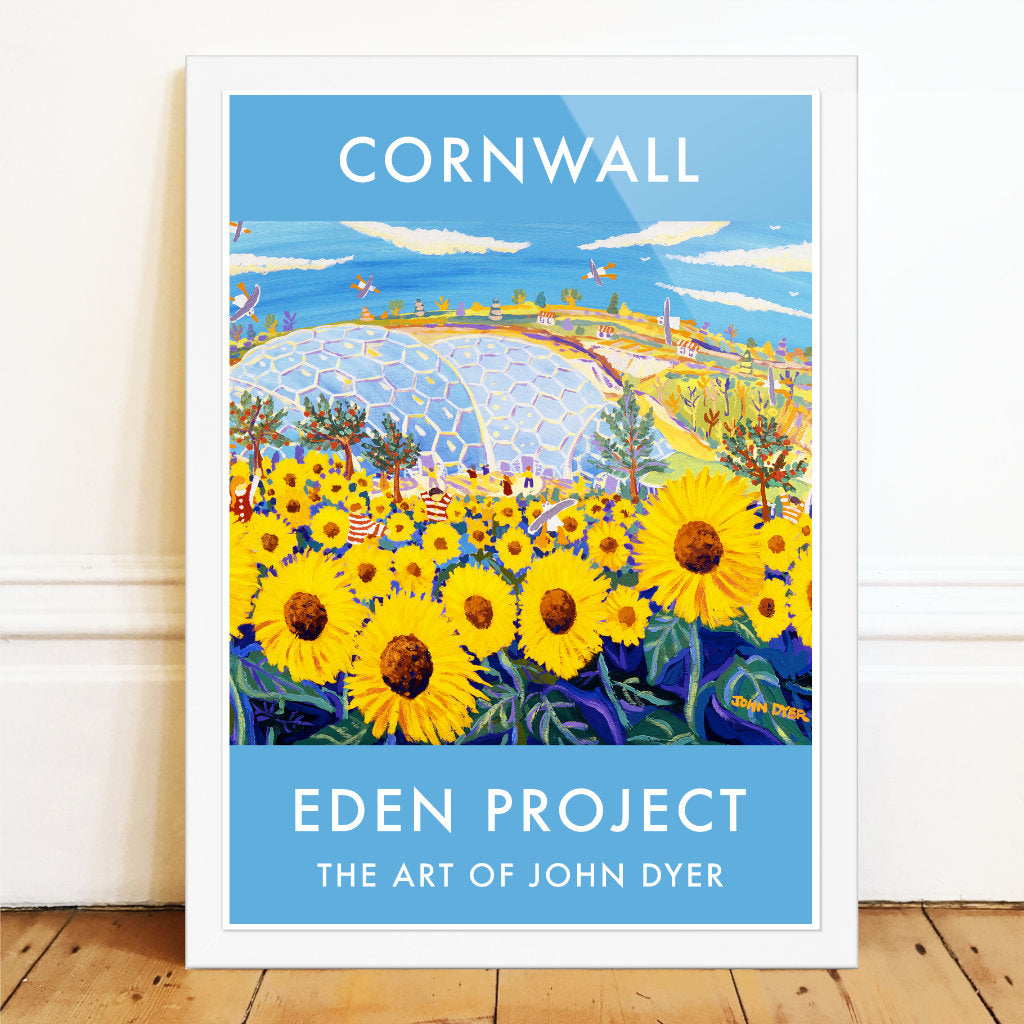 Eden Project Art Poster Print by Cornish Artist John Dyer of The Eden Project Biomes, Outdoor Garden with Sunflowers