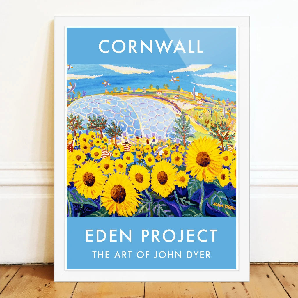 Eden Project Art Poster Print by Cornish Artist John Dyer of The Eden Project Biomes, Outdoor Garden with Sunflowers John Dyer