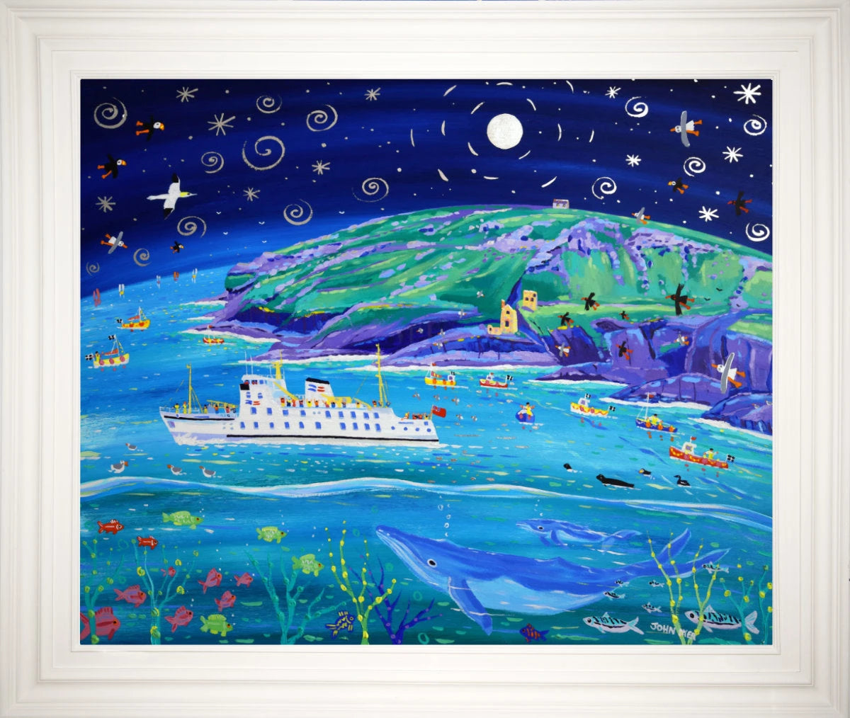 'Moonlit Journey, Botallack'. 33x40 inches original art acrylic on board. Paintings of Cornwall by Cornish Artist John Dyer. Cornwall Art Gallery John Dyer