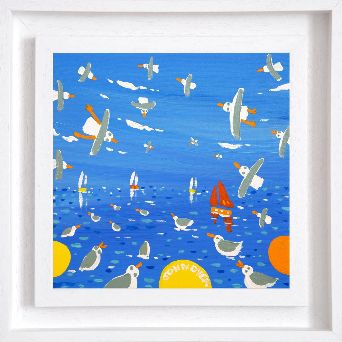 'Seagulls and Sailing Boats, Cornwall’, 8x8 inches acrylic on canvas. Painting of Cornwall by Cornish Artist John Dyer John Dyer