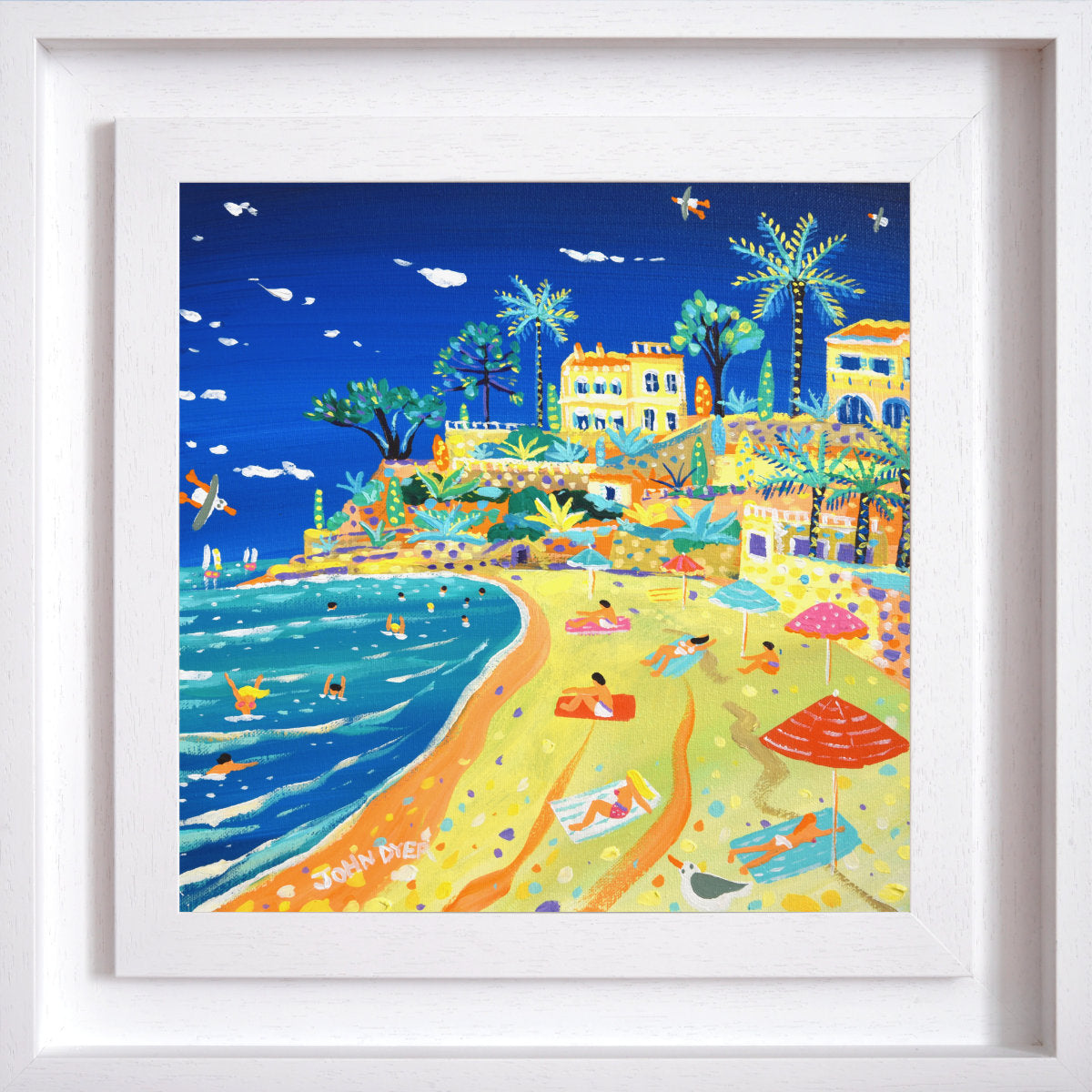Colorful beach scene with palm trees, buildings, and people enjoying the sun and water. 'Summer Afternoon on Plage du Buse, Roquebrune-Cap-Martin'. 12 x 12 inches acrylic on canvas. Painting of the South of France by John Dyer