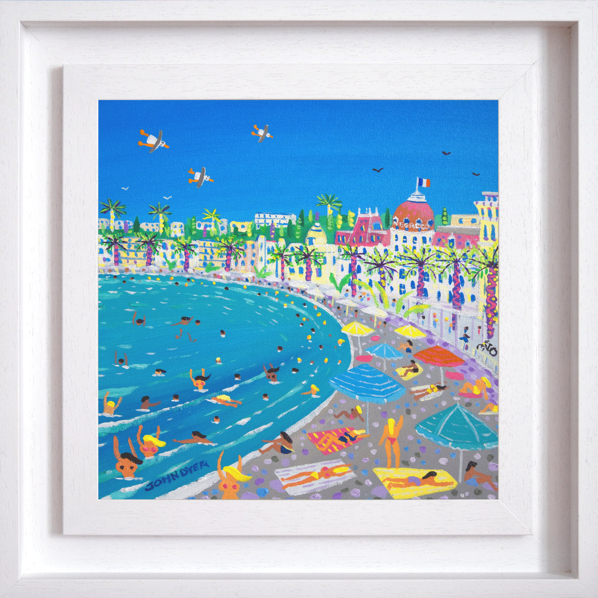Colorful illustration of a beach scene with people, umbrellas, and buildings. 'Swimming in the Bay of Angels, Nice'. 12 x 12 inches acrylic on canvas. Painting of the South of France by John Dyer