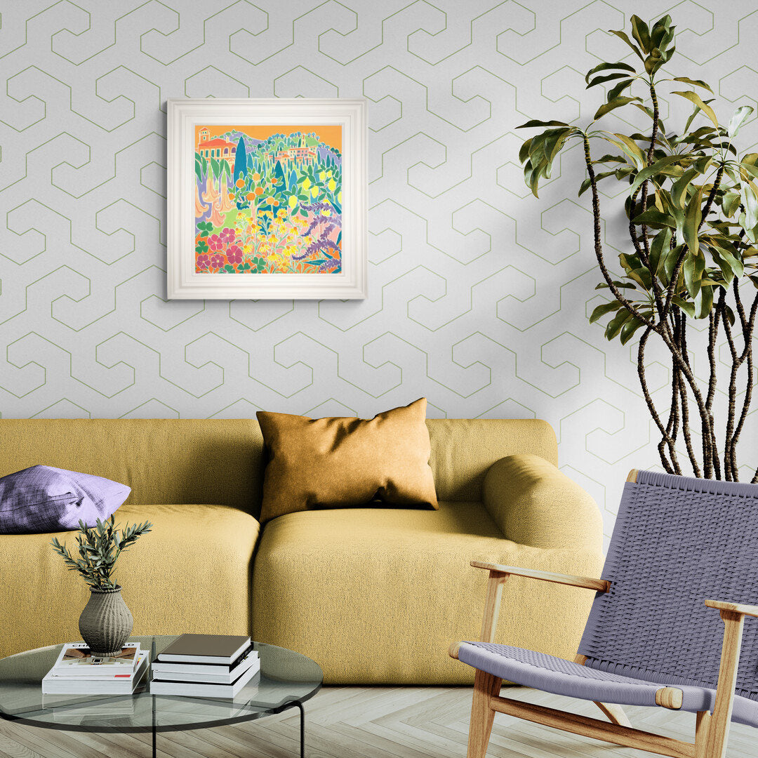 Original Painting by Joanne Short. 'Singing and Zinging, Hanbury Garden, Italy'. 24 x 24 inches oil on canvas. Orange and Lemon trees.