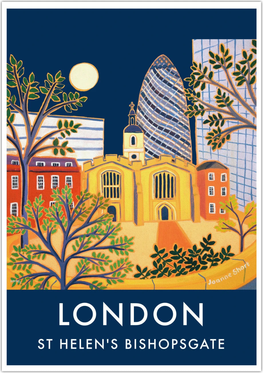 Vintage Style Travel Poster Print by Joanne Short of The Gherkin Building & St Helen's Bishopsgate Church, London Joanne Short
