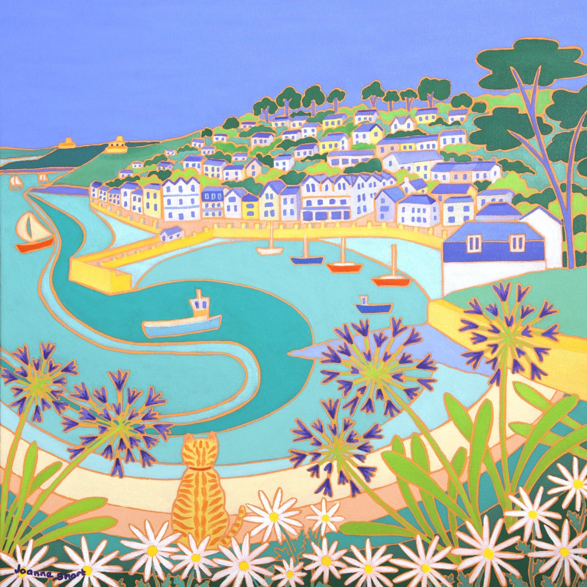 'Ginger Cat on the Wall, St Mawes’. 24x24 inches oil on canvas. Painting of Cornwall by Cornish Artist Joanne Short. Joanne Short