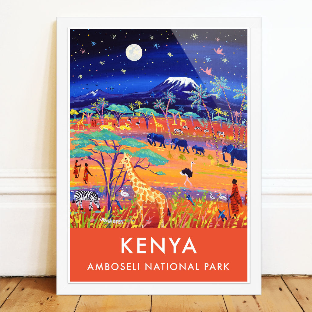 African Art Wall Art Poster Print by John Dyer. Amboseli Giraffe, Maasai, Elephants, Mount Kilimanjaro