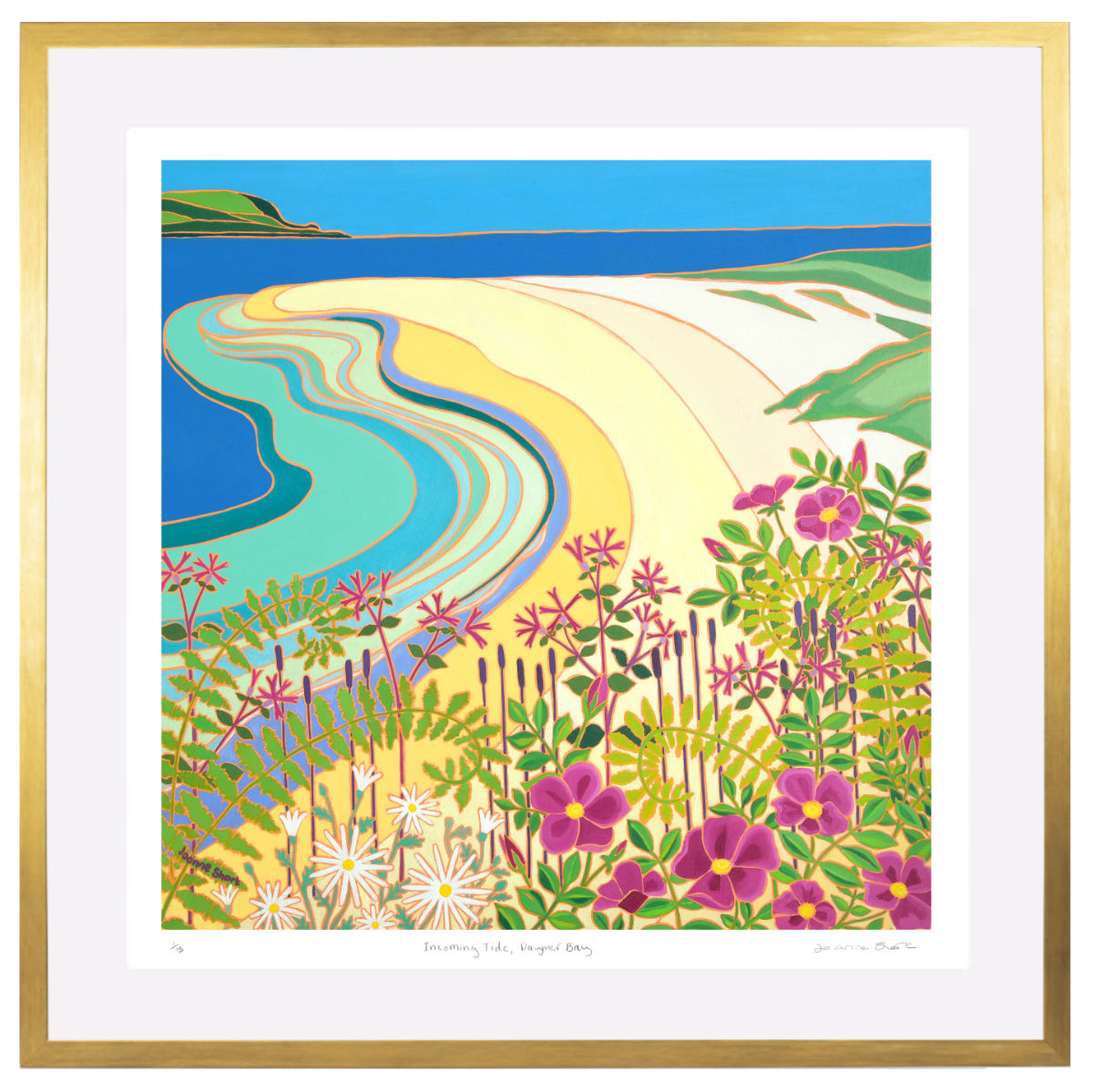 'Incoming Tide, Daymer Bay’ – Framed Special Limited Edition Print of the Camel Estuary Cornwall by Joanne Short. Gold frame
