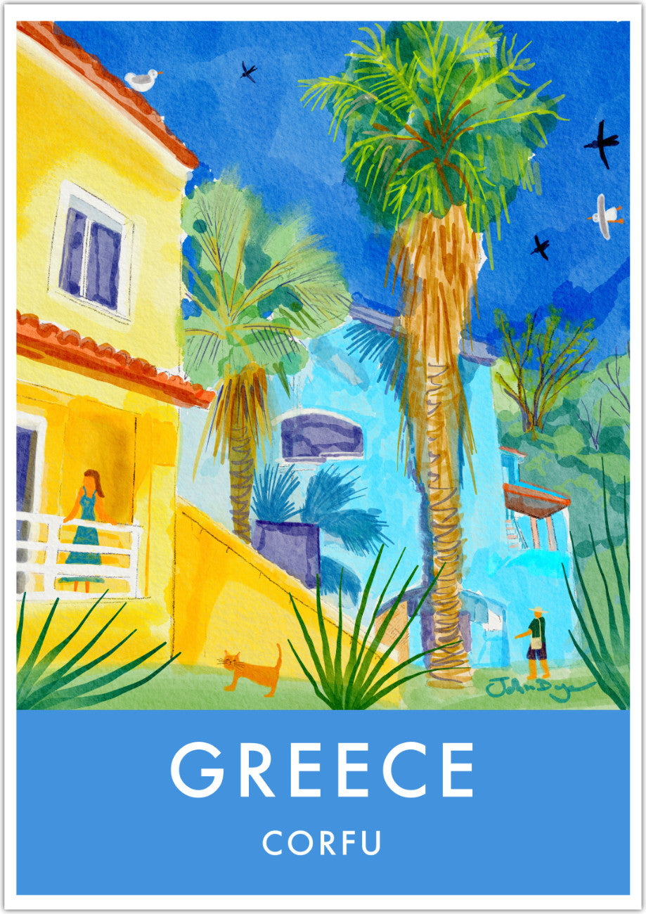 Greece Artwork Wall Art Poster Print by John Dyer. Sunlit Villa in Govino Bay, Corfu, Greece