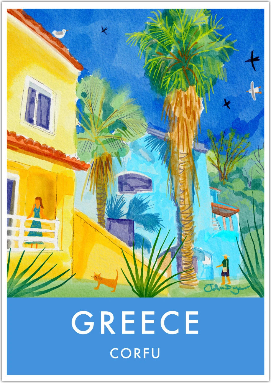 Greece Artwork Wall Art Poster Print by John Dyer. Sunlit Villa in Govino Bay, Corfu, Greece John Dyer