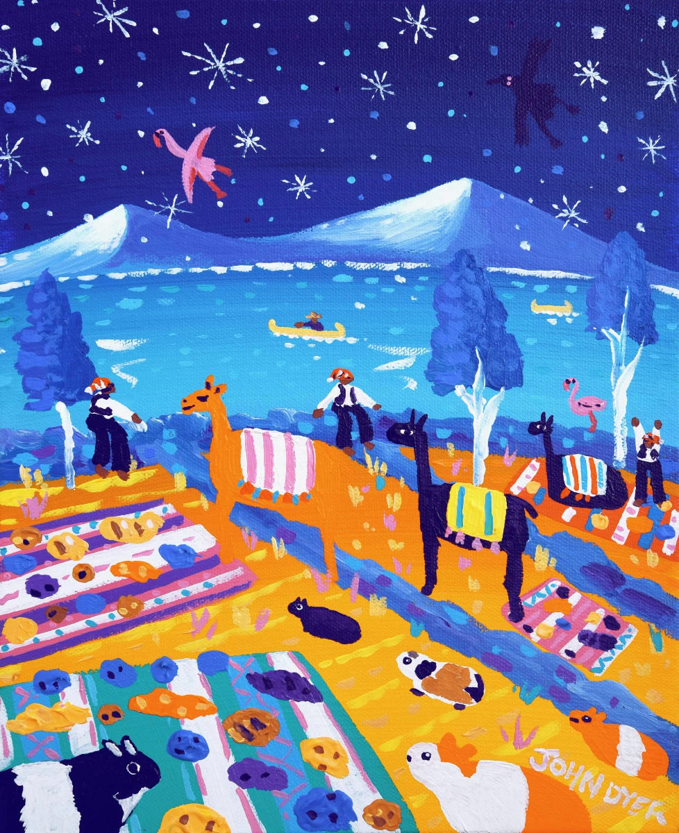 'Guinea Pigs and Snow Flurries at Lake Titicaca, Peru’, 12x10 inches acrylic on canvas. Painting of Peru by British Artist John Dyer John Dyer