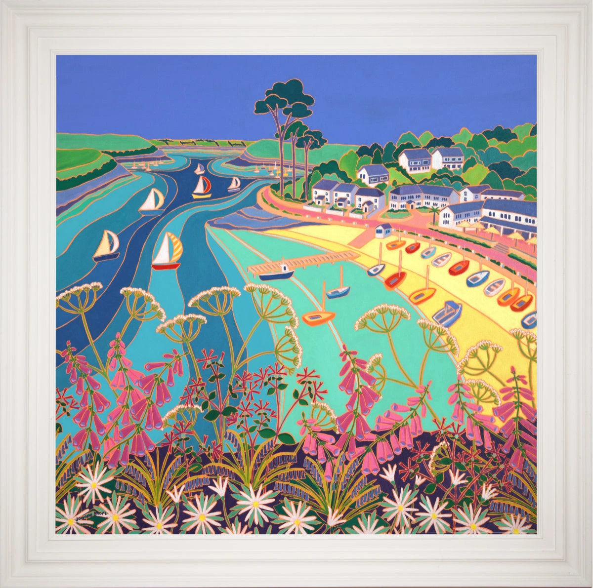 'Dinghies on the Beach, Helford Passage', 100x100 cm oil on canvas. Painting by Cornish Artist Joanne Short. Cornish Art from our Cornwall Art Gallery Joanne Short