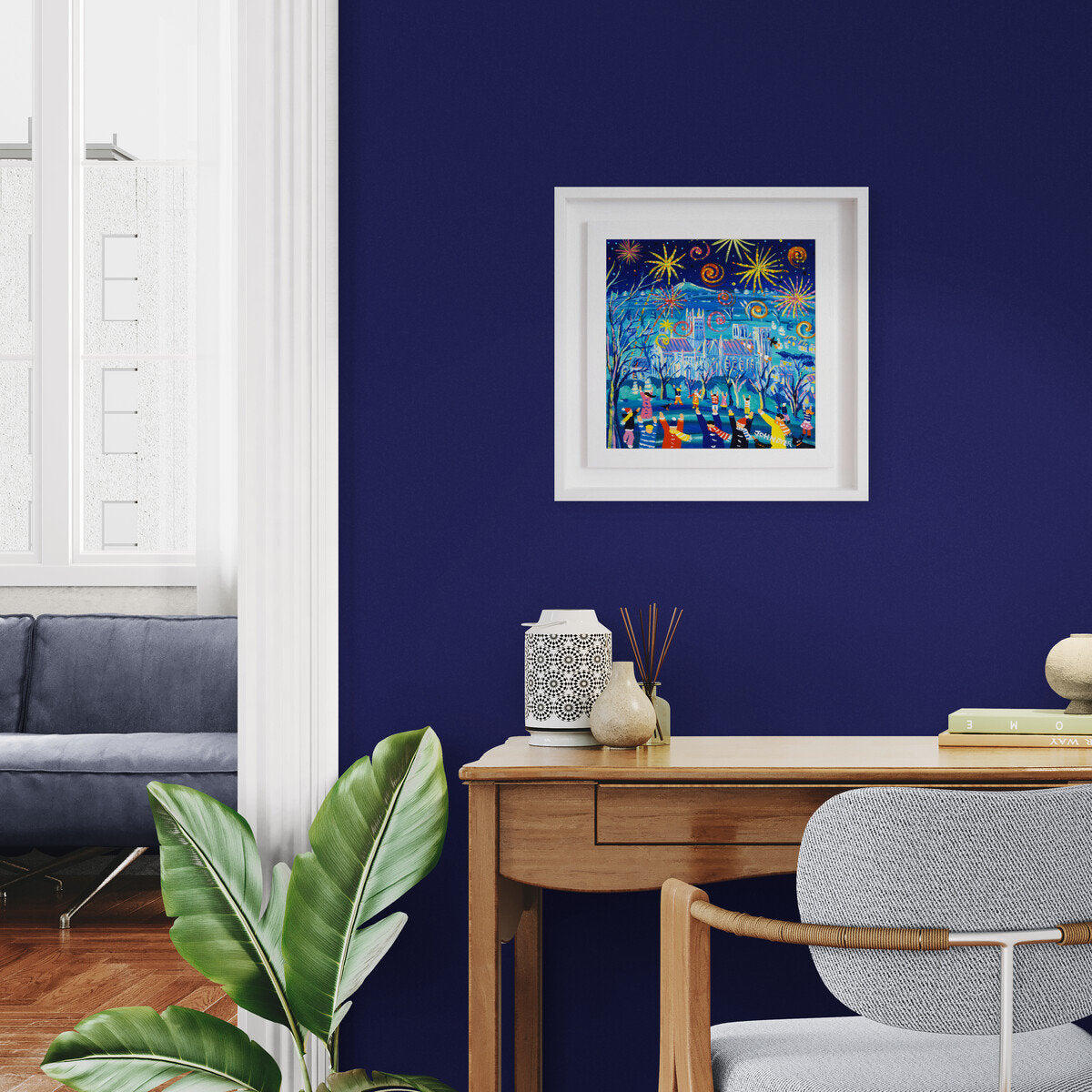 'Firework Fun, Wells', 12x12 inches acrylic on canvas. Wells Painting by British Artist John Dyer. Somerset Art Gallery