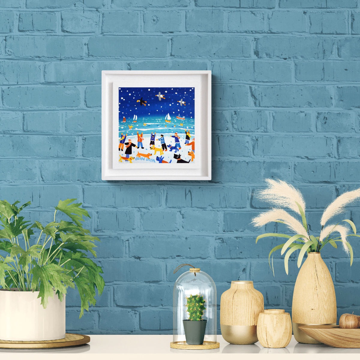 'Cornish Winter Walkies', 8x8 inches acrylic on canvas. Painting of Cornwall by Cornish Artist John Dyer