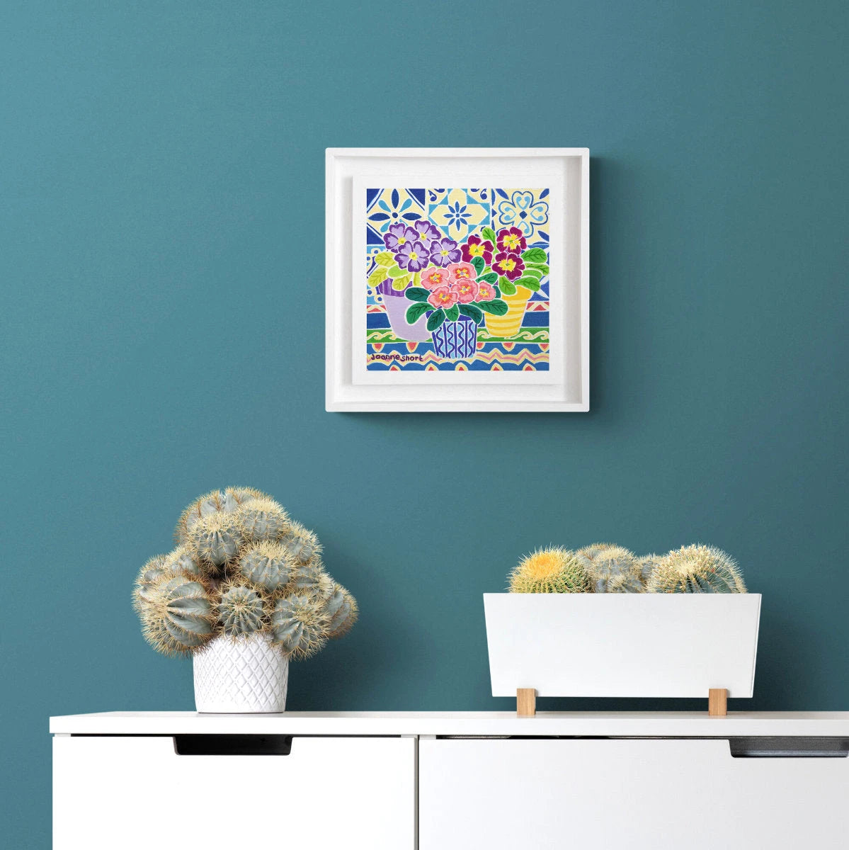 'Spring Flowers on a Patterned Tablecloth', 8 x 8 inches oil on canvas still life. Painting by Cornish Artist Joanne Short Joanne Short