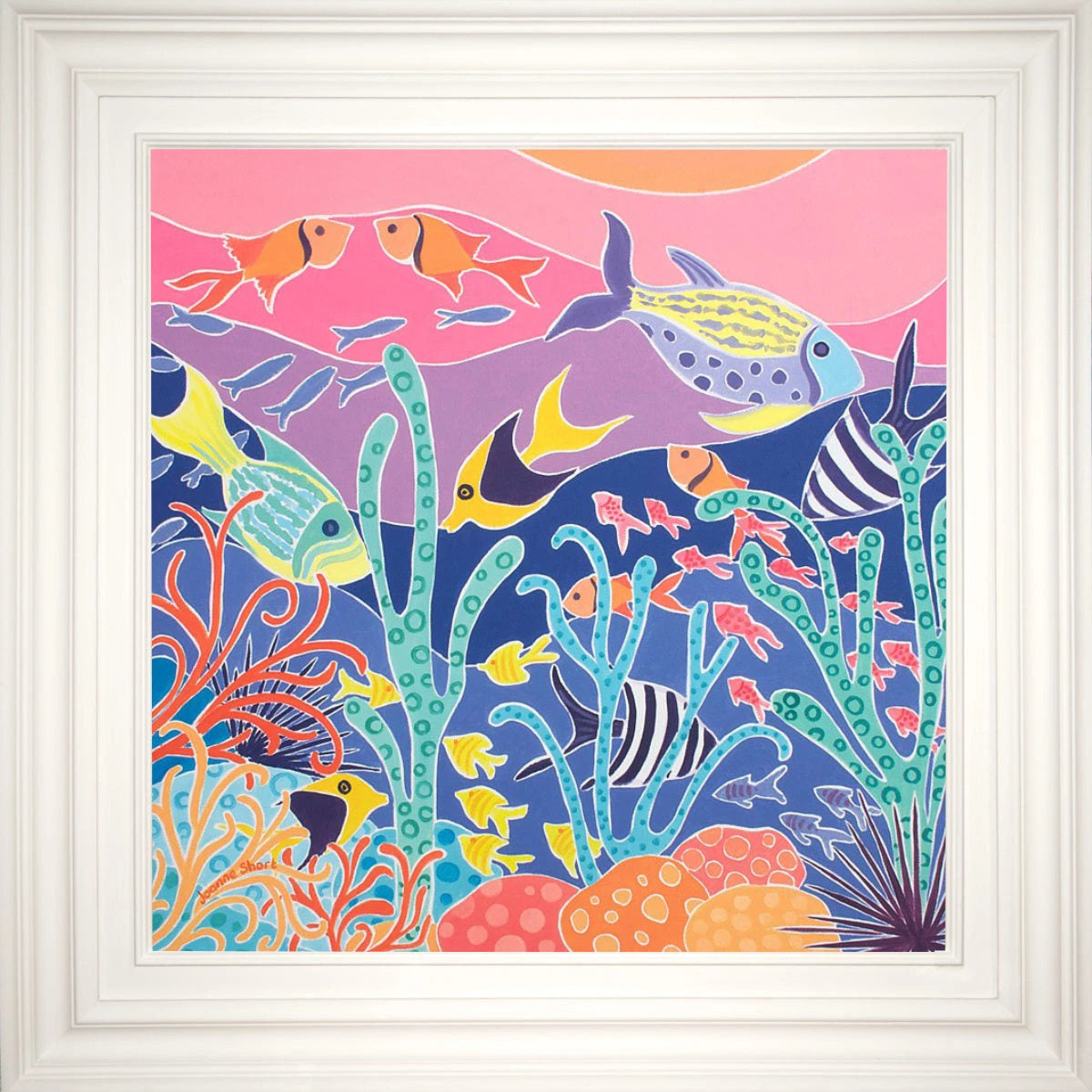 Original Painting by Joanne Short. 'Stripy Swimmers', Tropical Fish Musée Océanographique Monaco. 24 x 24 inches oil on canvas Joanne Short