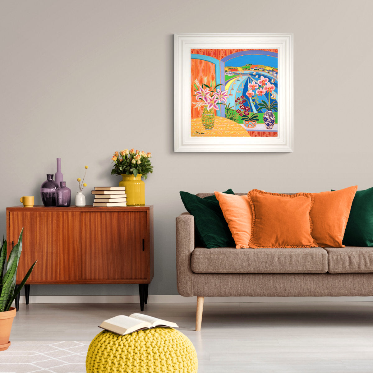 'Lilies and Orchids, Green Bank, Falmouth’. 24x24 inches oil on canvas. Garden Painting of Cornwall by Cornish Artist Joanne Short from our Cornwall Art Gallery