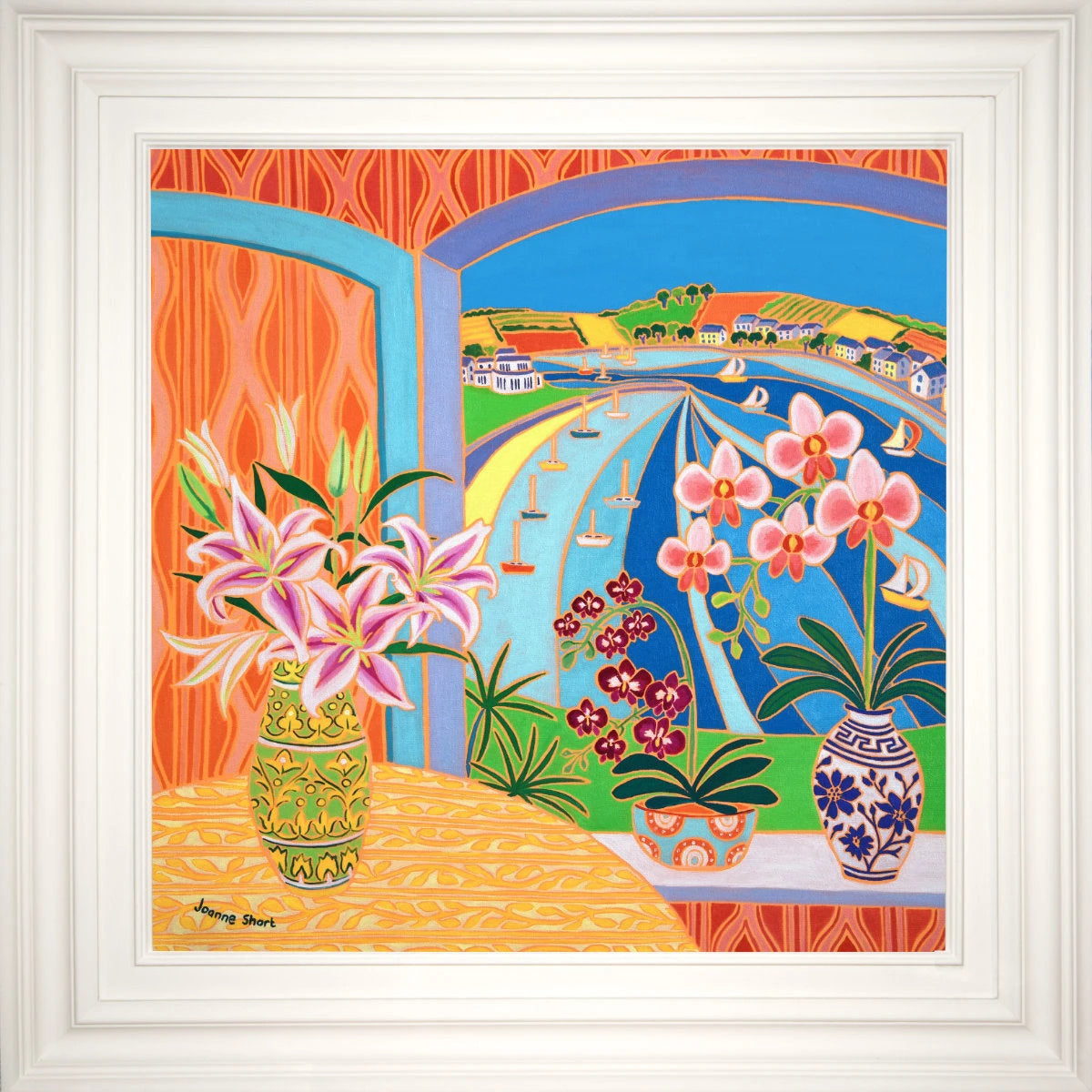 'Lilies and Orchids, Greenbank, Falmouth’. 24x24 inches still life oil on canvas. Garden Painting of Cornwall by Cornish Artist Joanne Short Joanne Short