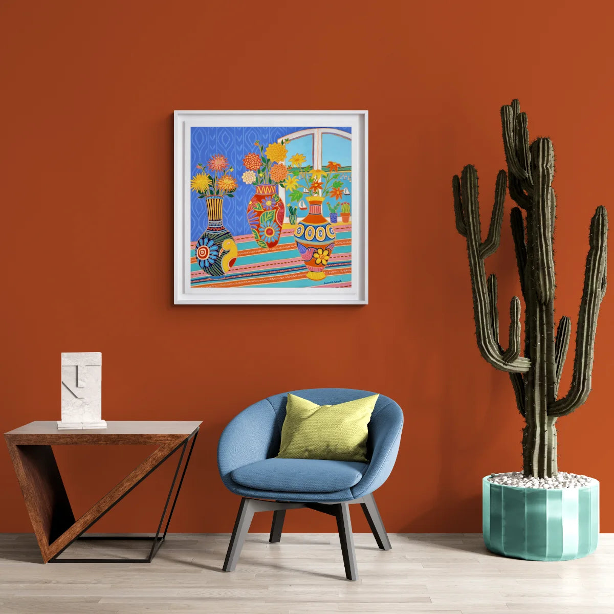 'Fiesta of Flowers in Mexican Vases', 30x30 inches oil on canvas. Original Painting by British Artist Joanne Short