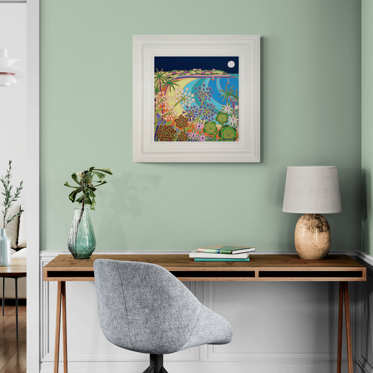 'Summer Full Moon, Castle Beach, Falmouth',
18 x 18 inches Oil on Canvas. Coastal Painting by Cornish Artist Joanne Short. Cornish Art from our Cornwall Art Gallery