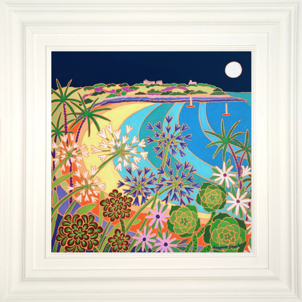'Summer Full Moon, Castle Beach, Falmouth',
18 x 18 inches Oil on Canvas. Coastal Painting by Cornish Artist Joanne Short. Cornish Art from our Cornwall Art Gallery Joanne Short