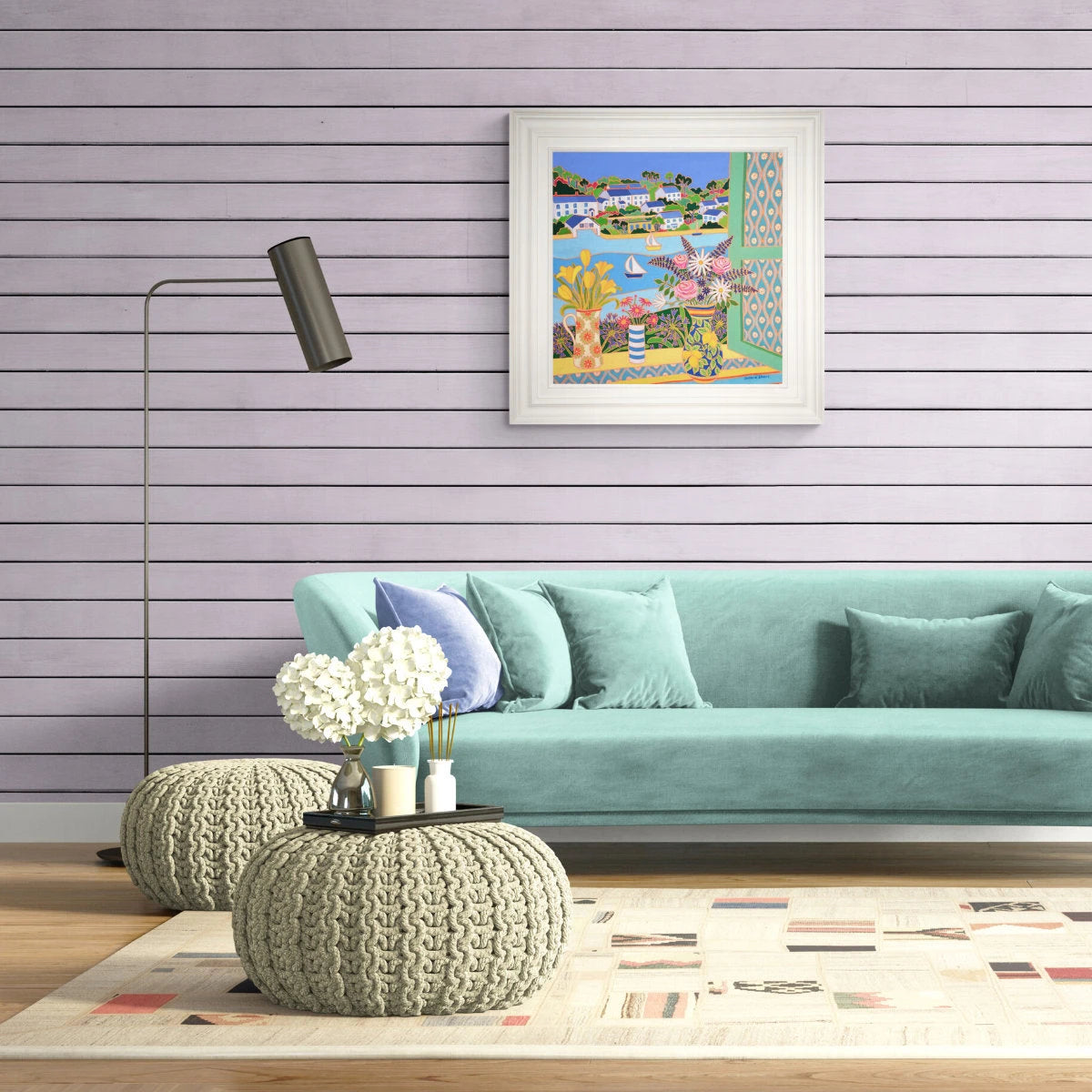 'Colourful Vases of Flowers, Helford’. 24x24 inches still life oil on canvas. Garden Painting of Cornwall by Cornish Artist Joanne Short from our Cornwall Art Gallery Joanne Short