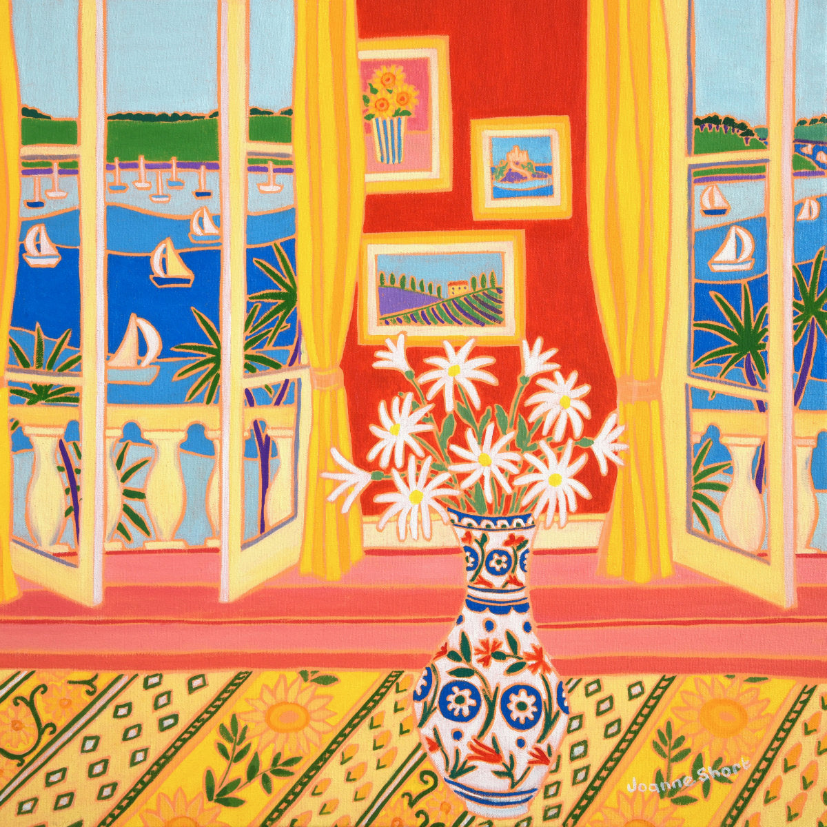 'Paintings on the Wall and Daisies in a Vase, Falmouth River View',
18 x 18 inches, coastal oil on canvas. Painting by Cornish Artist Joanne Short. Cornish Art from our Cornwall Art Gallery