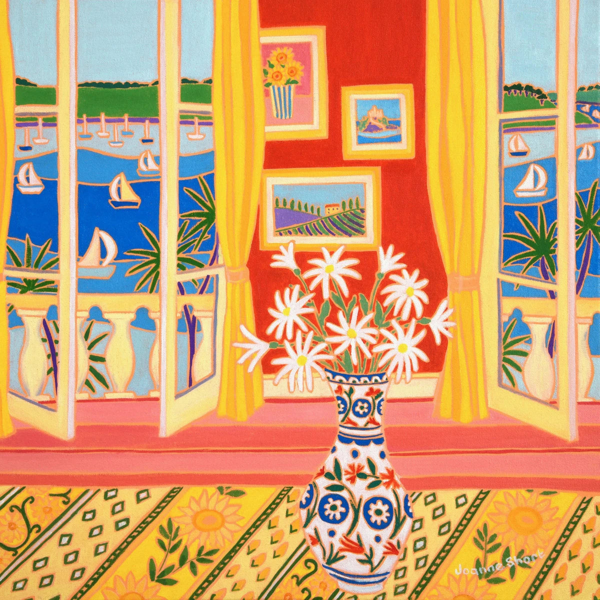 'Paintings on the Wall and Daisies in a Vase, Falmouth River View', 18 x 18 inches, coastal still life oil on canvas. Garden Flower Painting by Cornish Artist Joanne Short. Joanne Short