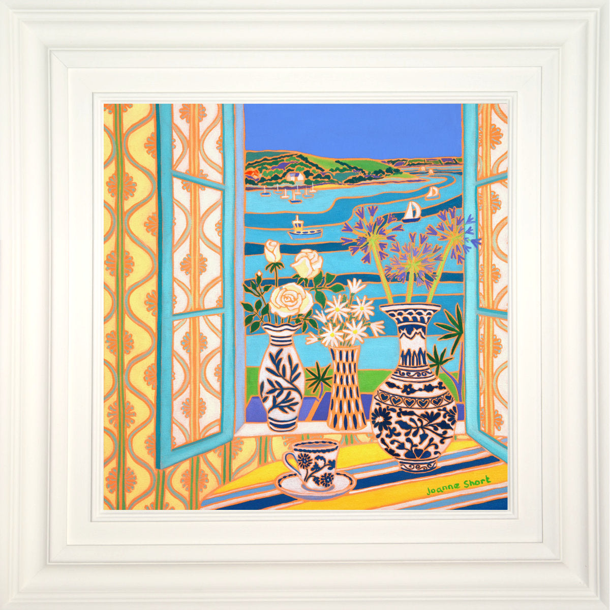 'Blue and White Pottery in the Window, Trefusis, Falmouth',
18 x 18 inches, coastal oil on canvas. Painting by Cornish Artist Joanne Short. Cornish Art from our Cornwall Art Gallery