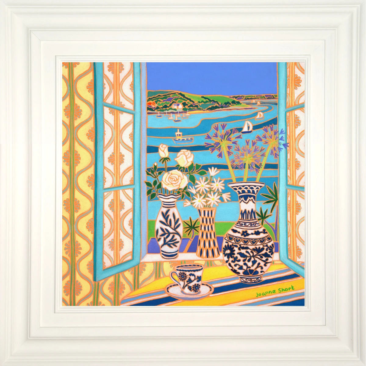 'Blue and White Pottery in the Window, Trefusis, Falmouth',
18 x 18 inches, coastal still life oil on canvas. Garden Flower Painting by Cornish Artist Joanne Short. Cornish Art from our Cornwall Art Gallery Joanne Short