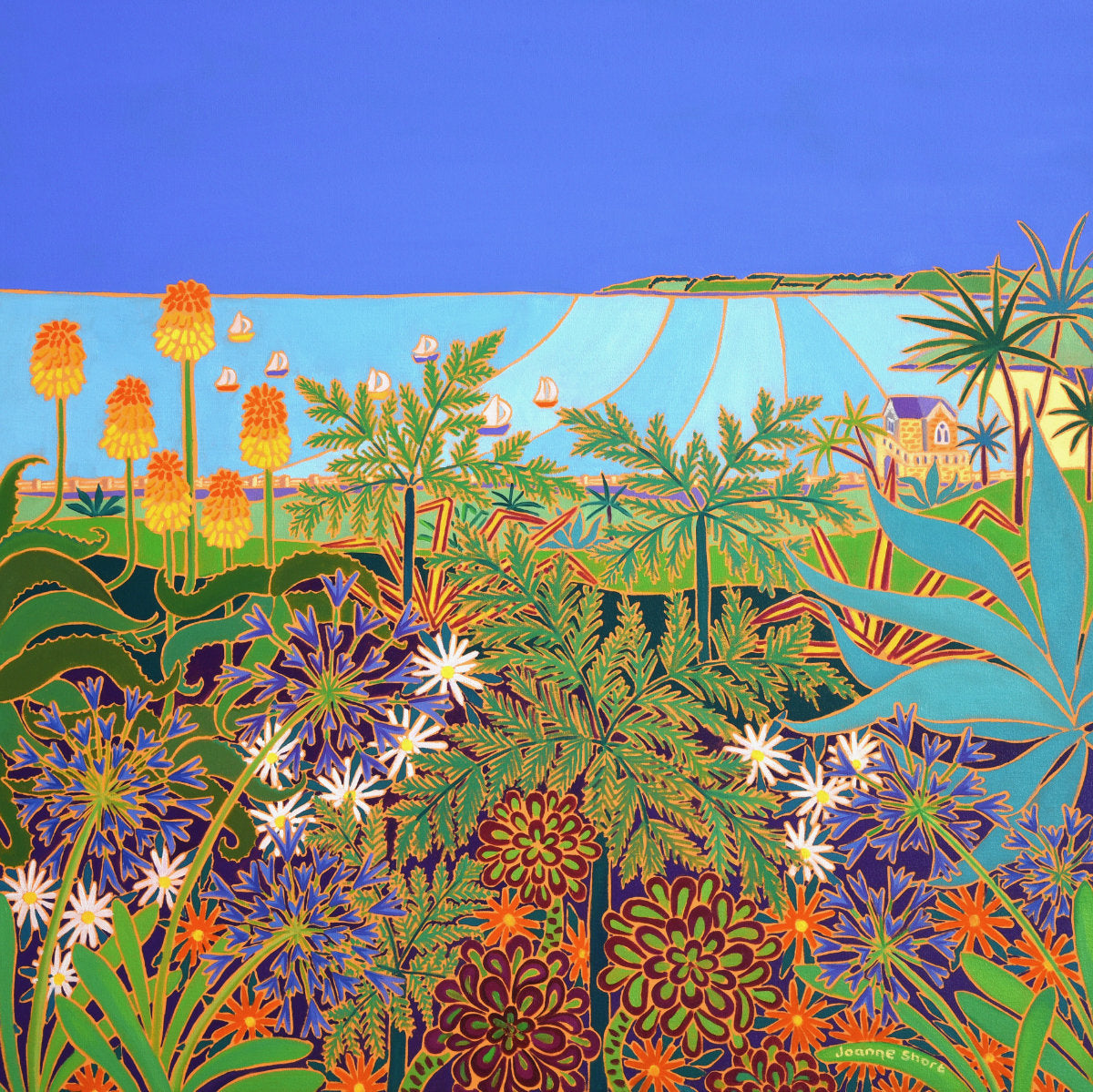 'Seaside View from Gyllyngdune Gardens, Falmouth', 30x30 inches oil on canvas. Painting by Cornish Artist Joanne Short. Cornish Art from our Cornwall Art Gallery