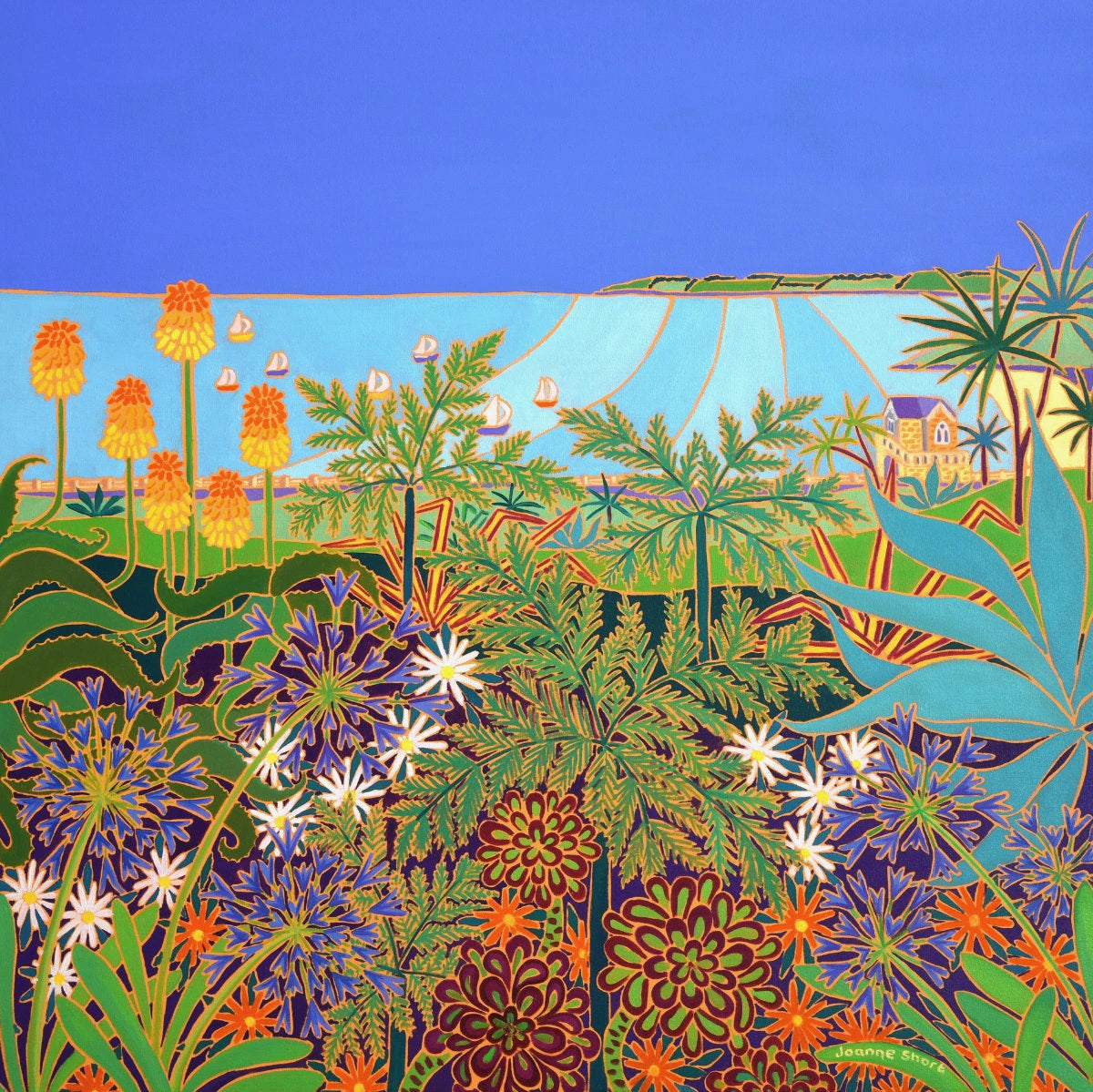 'Seaside View from Gyllyngdune Gardens, Falmouth', 30x30 inches oil on canvas. Painting by Cornish Artist Joanne Short. Joanne Short