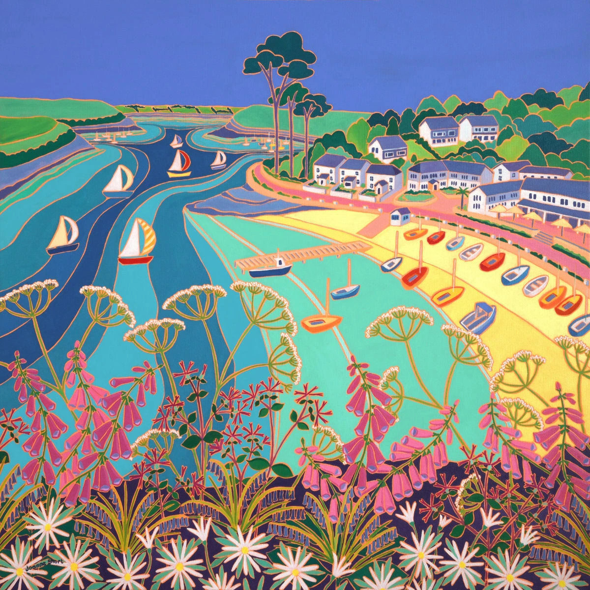 'Dinghies on the Beach, Helford Passage', 100x100 cm oil on canvas. Painting by Cornish Artist Joanne Short. Cornish Art from our Cornwall Art Gallery Joanne Short