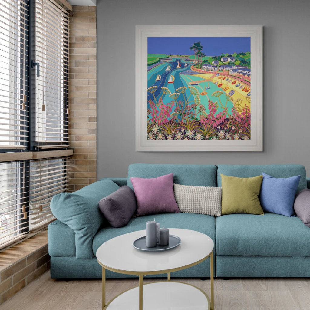 'Dinghies on the Beach, Helford Passage', 100x100 cm oil on canvas. Painting by Cornish Artist Joanne Short. Cornish Art from our Cornwall Art Gallery Joanne Short