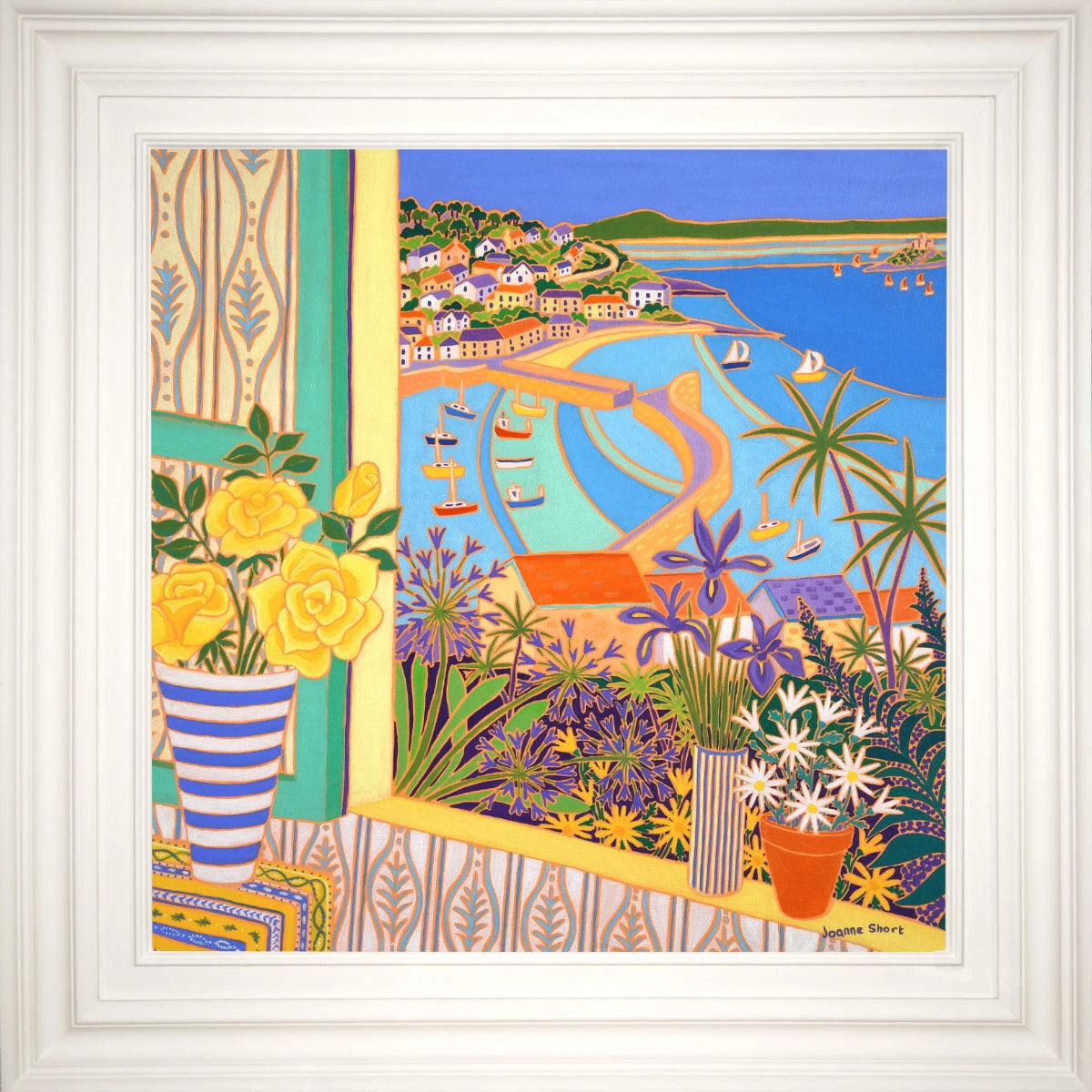 'Roses in the Window, Mousehole’. 24x24 inches oil on canvas. Garden Painting of Cornwall by Cornish Artist Joanne Short from our Cornwall Art Gallery Joanne Short