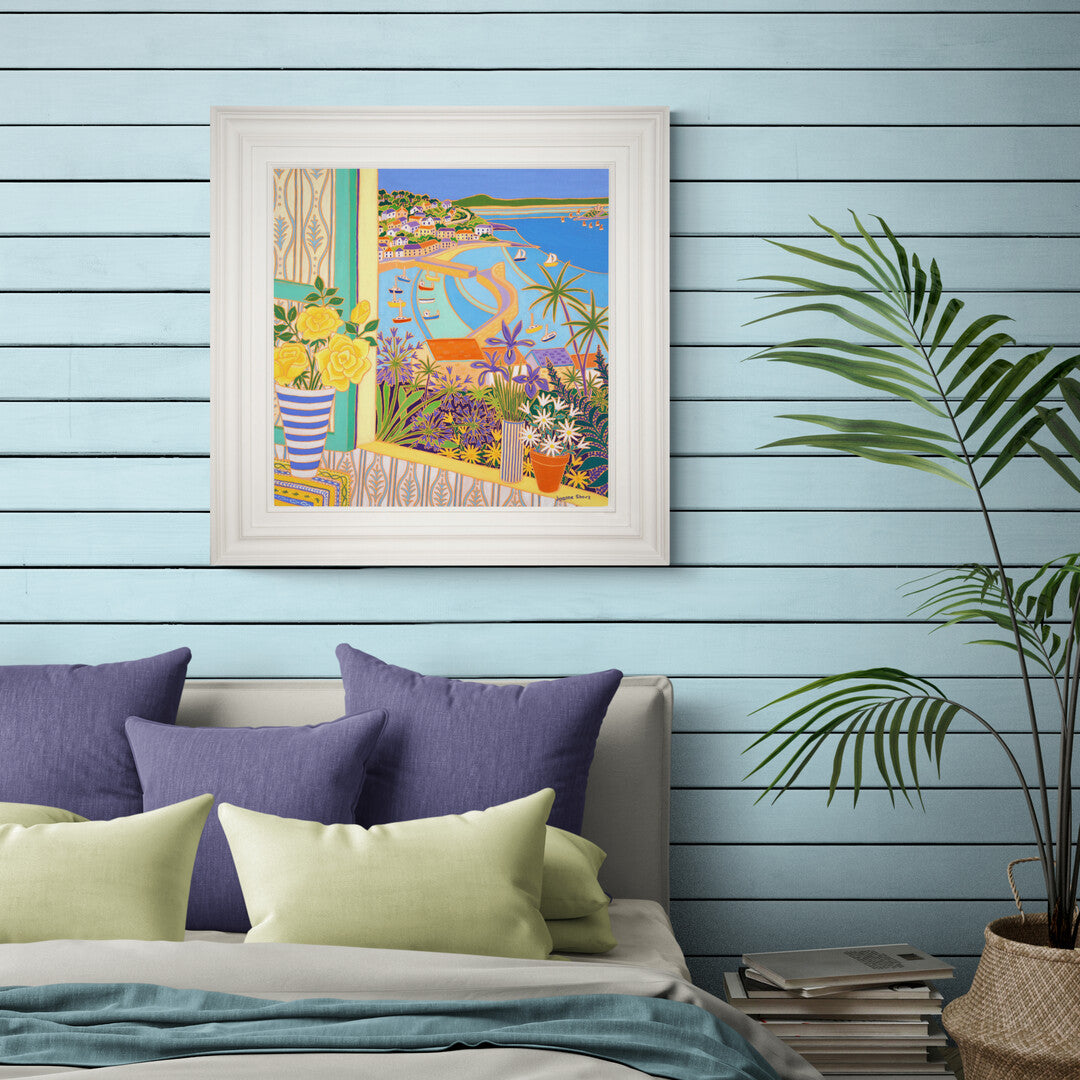 'Roses in the Window, Mousehole’. 24x24 inches oil on canvas. Garden Painting of Cornwall by Cornish Artist Joanne Short from our Cornwall Art Gallery