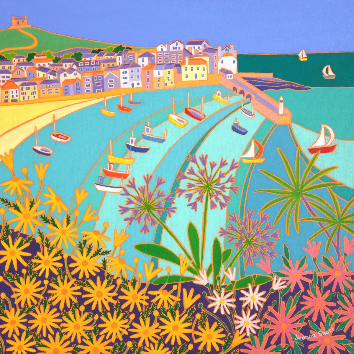 'Sunny Seaside Flowers, St Ives’. 24x24 inches oil on canvas. Garden Painting of Cornwall by Cornish Artist Joanne Short from our Cornwall Art Gallery Joanne Short
