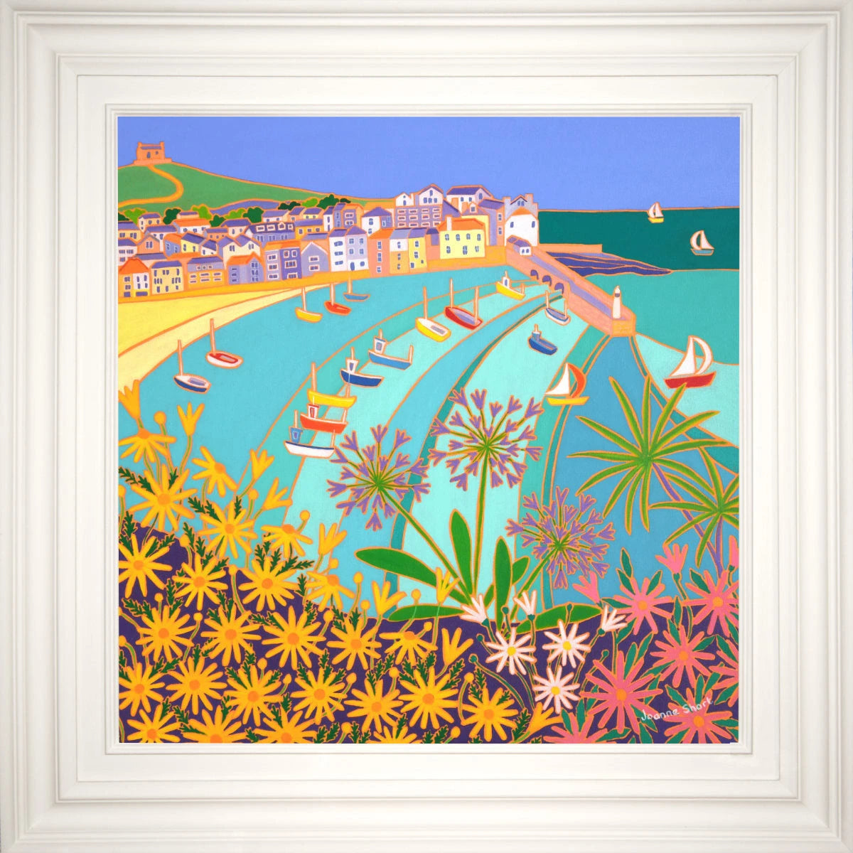 'Sunny Seaside Flowers, St Ives’. 24x24 inches oil on canvas. Garden Painting of Cornwall by Cornish Artist Joanne Short from our Cornwall Art Gallery Joanne Short