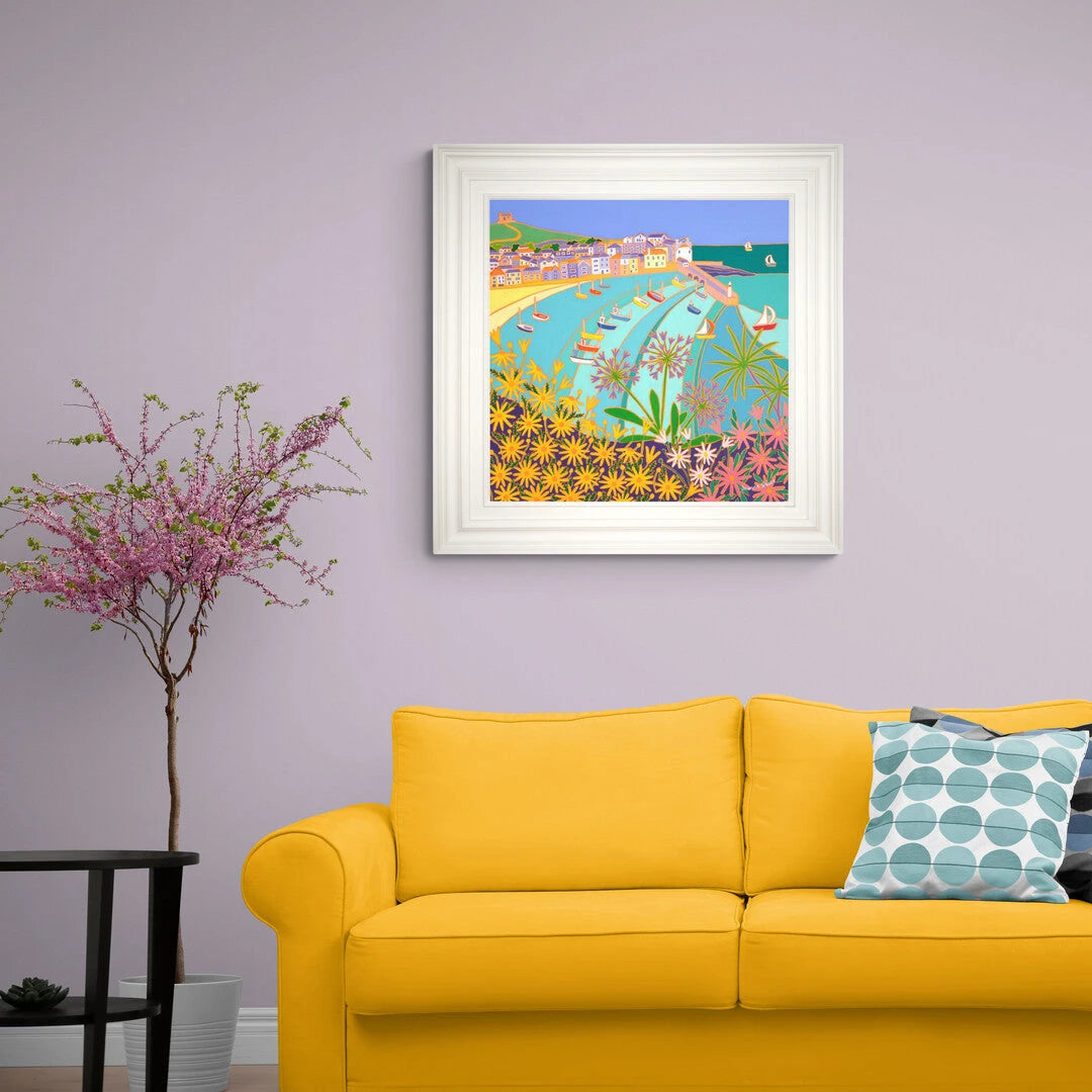 'Sunny Seaside Flowers, St Ives’. 24x24 inches oil on canvas. Garden Painting of Cornwall by Cornish Artist Joanne Short from our Cornwall Art Gallery Joanne Short