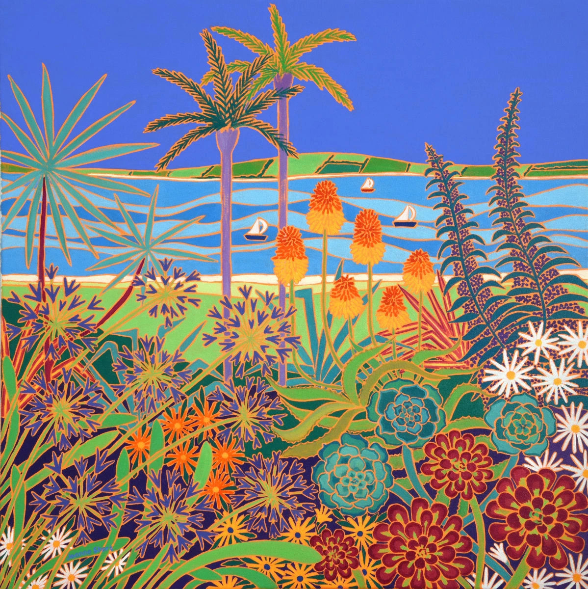 'A Garden of Colourful Delights, Tresco', 80x80 cm oil on canvas. Painting by Cornish Artist Joanne Short. Cornish Art from our Cornwall Art Gallery Joanne Short